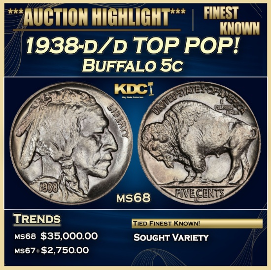 1938-d/d Buffalo Nickel TOP POP! 5c ms68 SEGS