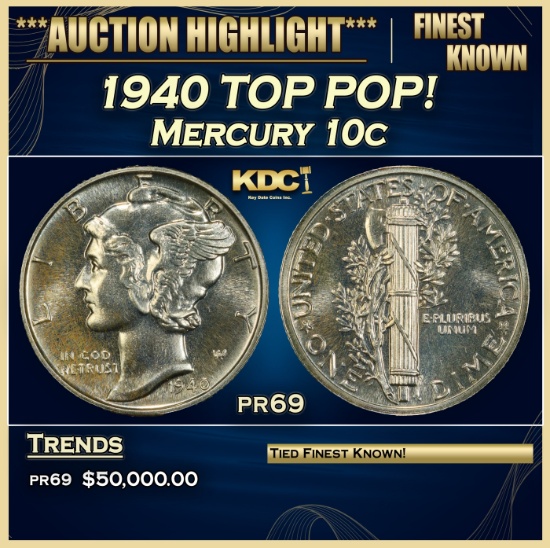 1940 Proof Mercury Dime TOP POP! 10c pr69 SEGS