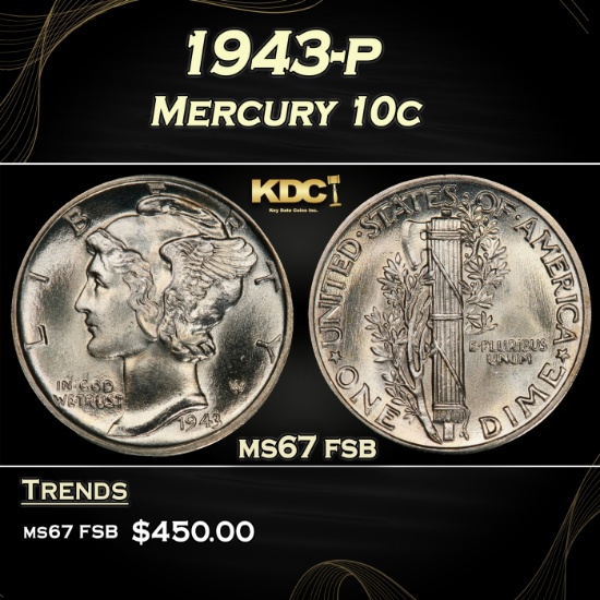1943-p Mercury Dime 10c ms67 fsb SEGS