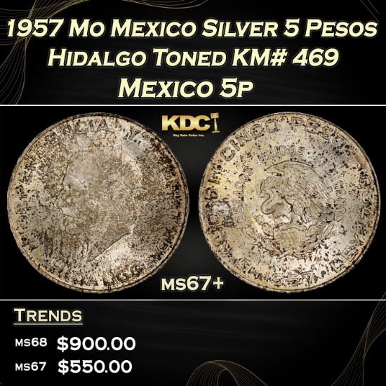 1957 Mo Mexico Silver 5 Pesos Hidalgo Toned KM# 469 ms67+ SEGS