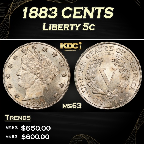 1883 CENTS Liberty Nickel 5c Grades ms63