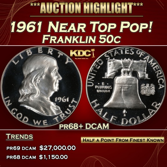 1961 Proof Franklin Half Dollar Near Top Pop! 50c pr68+ DCAM SEGS
