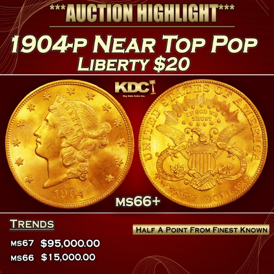 1904-p Gold Liberty Double Eagle Near Top Pop $20 ms66+ SEGS