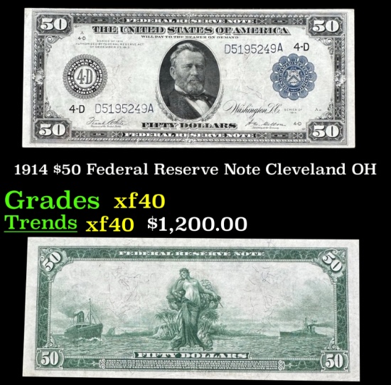 1914 $50 Green Seal Federal Reserve Note Grades xf Cleveland