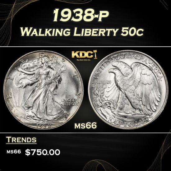 1938-p Walking Liberty Half Dollar 50c Grades GEM+ Unc
