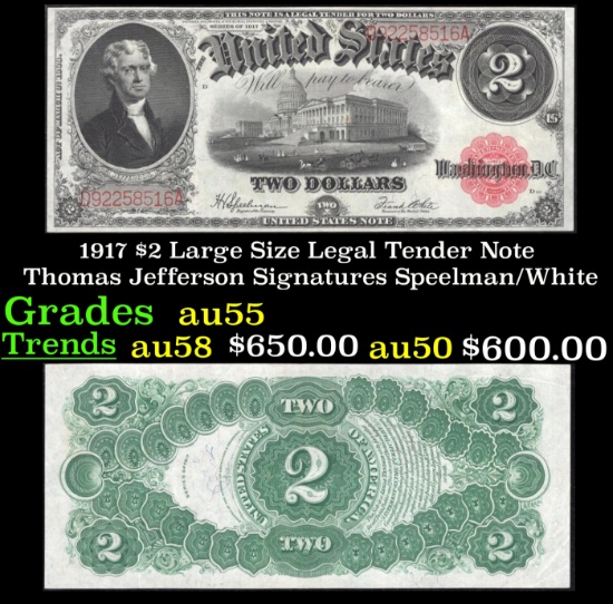 1917 $2 Large Size Legal Tender Note Thomas Jefferson Grades Choice AU Signatures Speelman/White