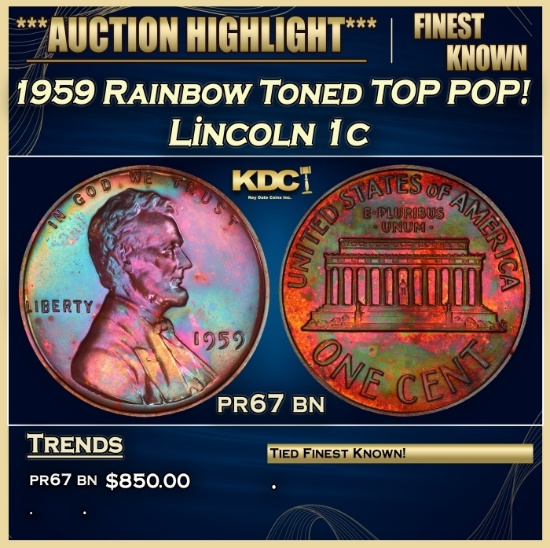 1959 Proof Lincoln Cent Rainbow Toned TOP POP! 1c pr67 bn SEGS