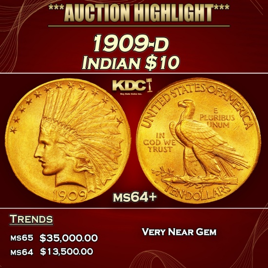 1909-d Gold Indian Eagle $10 ms64+ SEGS
