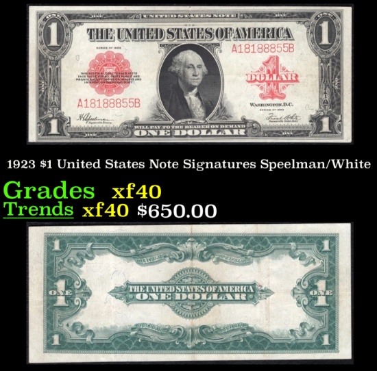 1923 $1 United States Note Grades xf Signatures Speelman/White