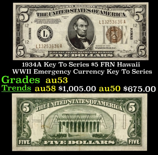 1934A $5 FRN Hawaii WWII Emergency Currency Key To Series Key To Series Grades Select AU