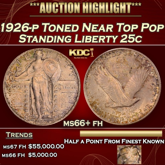 1926-p Standing Liberty Quarter Toned Near Top Pop 25c ms66+ fh SEGS