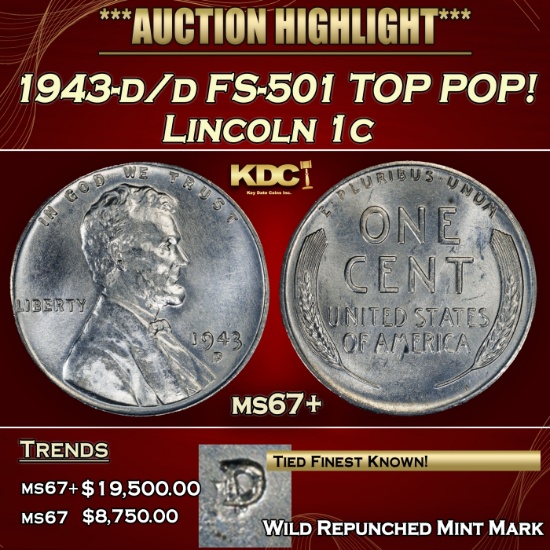 1943-d/d Lincoln Cent FS-501 TOP POP! 1c ms67+ SEGS