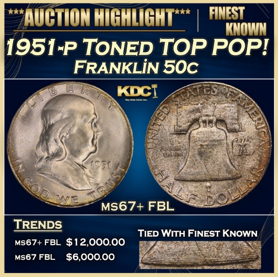 1951-p Franklin Half Dollar Toned TOP POP! 50c ms67+ FBL SEGS