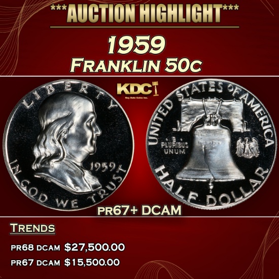 1959 Proof Franklin Half Dollar 50c pr67+ DCAM SEGS