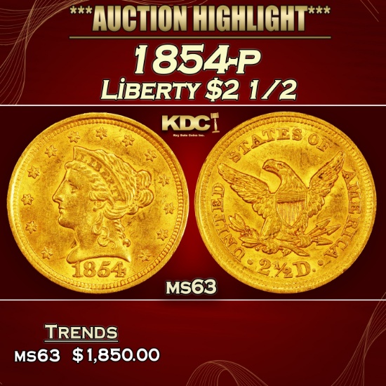 1854-p Gold Liberty Quarter Eagle $2 1/2 ms63 USCG