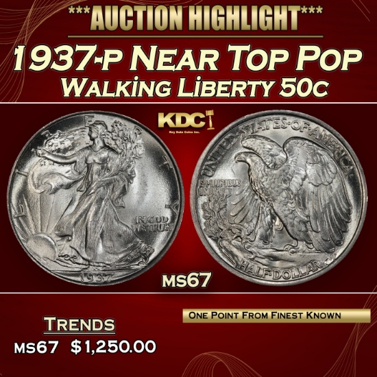1937-p Walking Liberty Half Dollar Near Top Pop 50c ms67 SEGS