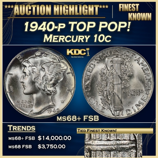 1940-p Mercury Dime TOP POP! 10c ms68+ FSB SEGS