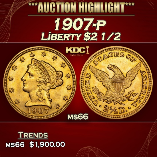 1907-p Gold Liberty Quarter Eagle $2 1/2 ms66 SEGS