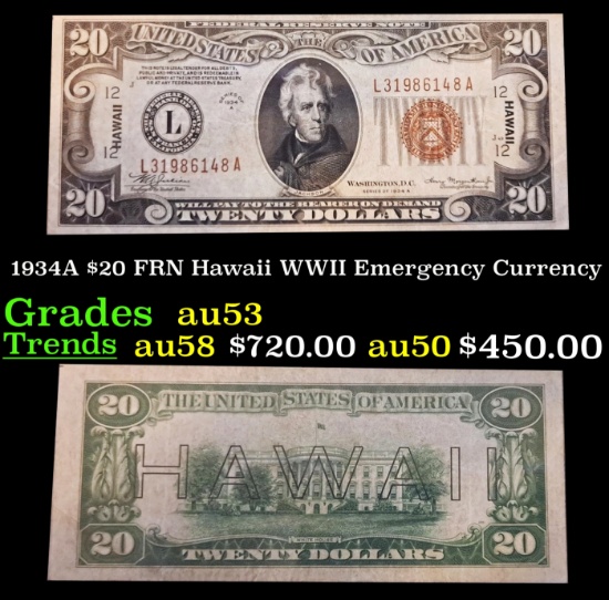 1934A $20 FRN Hawaii WWII Emergency Currency Grades Select AU