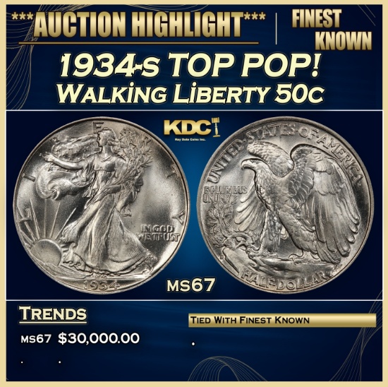 1934-s Walking Liberty Half Dollar TOP POP! 50c ms67 SEGS