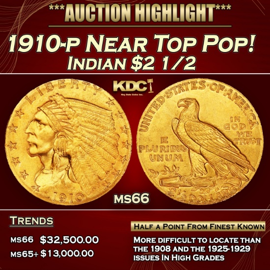 1910-p Gold Indian Quarter Eagle Near Top Pop! $2 1/2 GEM+ Unc USCG