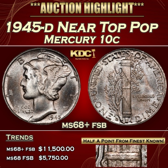 1945-d Mercury Dime Near Top Pop 10c ms68+ fsb SEGS
