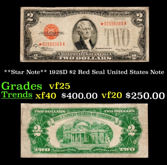 **Star Note** 1928D $2 Red Seal United States Note Grades vf+