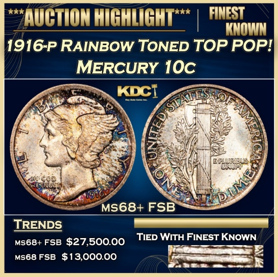 1916-p Mercury Dime Rainbow Toned TOP POP! 10c ms68+ FSB SEGS