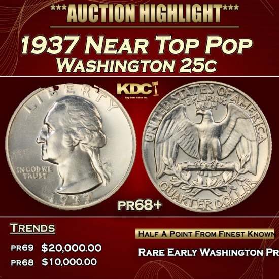 1937 Proof Washington Quarter Near Top Pop 25c pr68+ SEGS