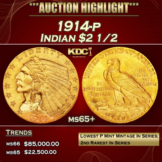 1914-p Gold Indian Quarter Eagle $2 1/2 ms65+ SEGS