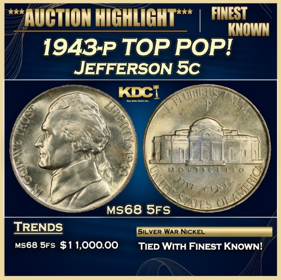 1943-p Jefferson Nickel TOP POP! 5c ms68 5fs SEGS