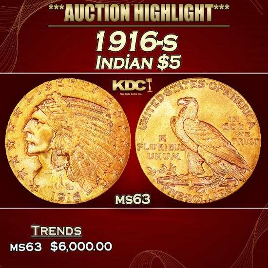 1916-s Gold Indian Half Eagle $5 Select Unc USCG