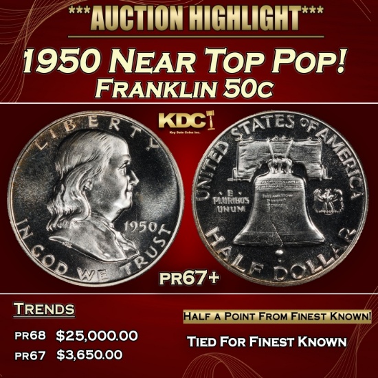 1950 Proof Franklin Half Dollar Near Top Pop! 50c pr67+ SEGS