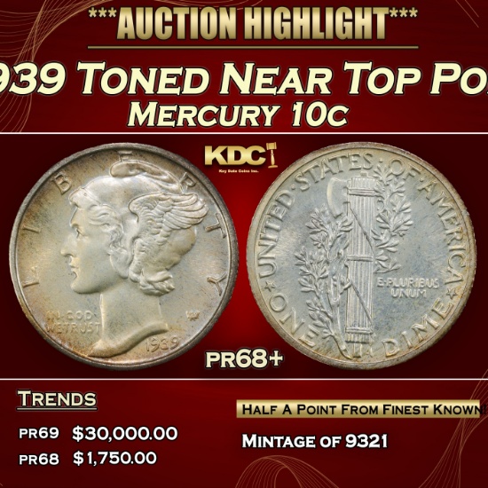 1939 Proof Mercury Dime Toned Near Top Pop 10c pr68+ SEGS