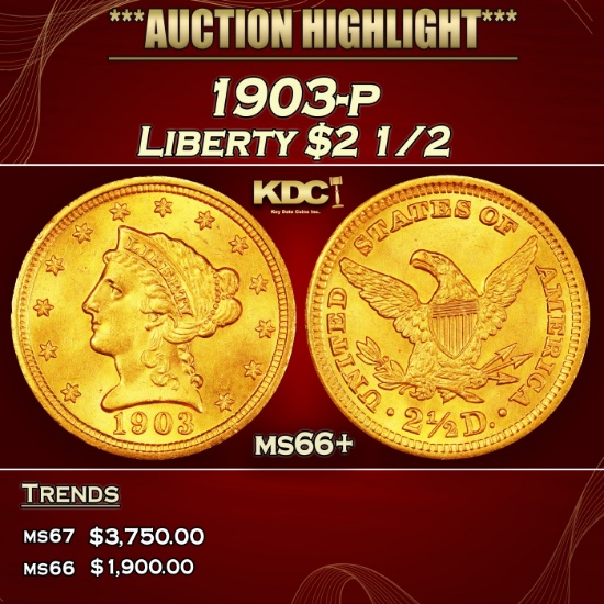 1903-p Gold Liberty Quarter Eagle $2 1/2 ms66+ SEGS