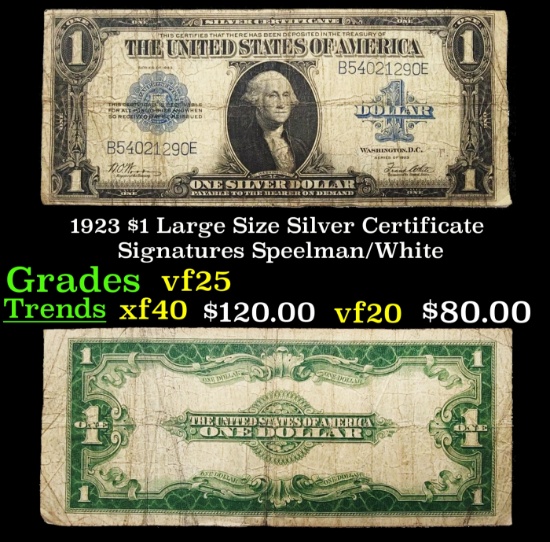 1923 $1 large size Silver Certificate Grades vf+ Signatures Speelman/White
