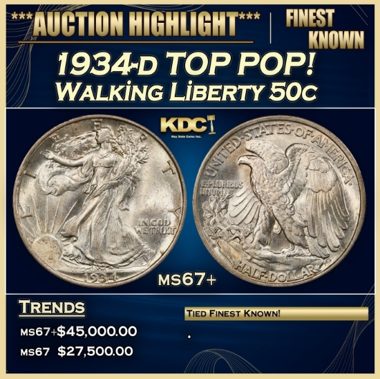 1934-d Walking Liberty Half Dollar TOP POP! 50c ms67+ SEGS