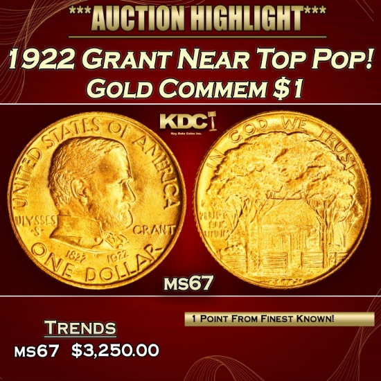 1922 Grant Gold Commem Dollar Near Top Pop! 1 ms67 SEGS