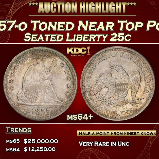 1857-o Seated Liberty Quarter Toned Near Top Pop 25c ms64+ SEGS