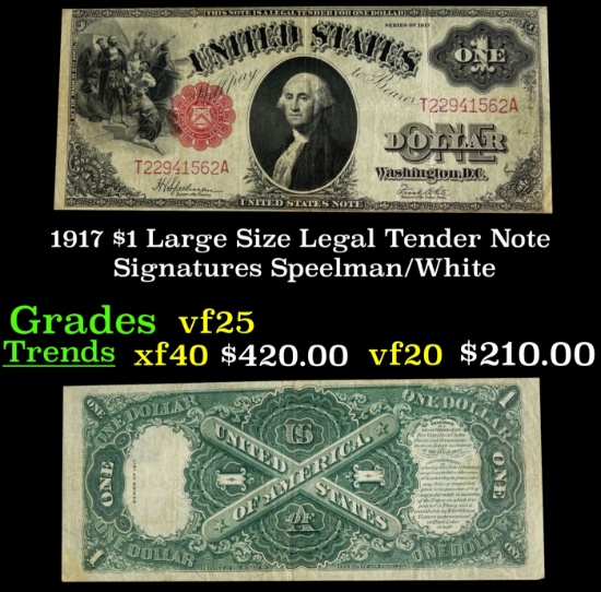 1917 $1 Large Size Legal Tender Note Grades vf+ Signatures Speelman/White