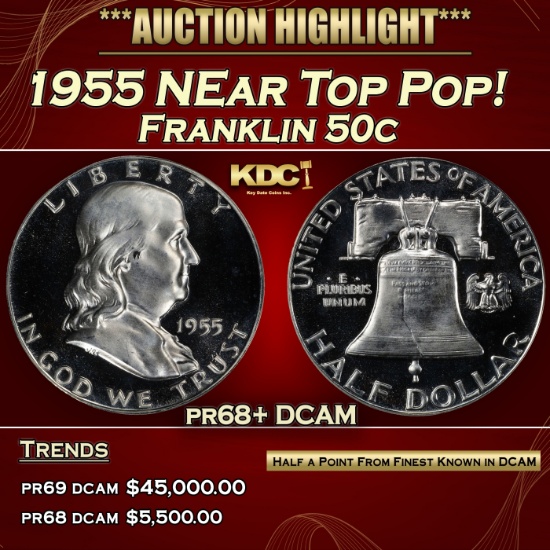 1955 Proof Franklin Half Dollar NEar Top Pop! 50c pr68+ DCAM SEGS