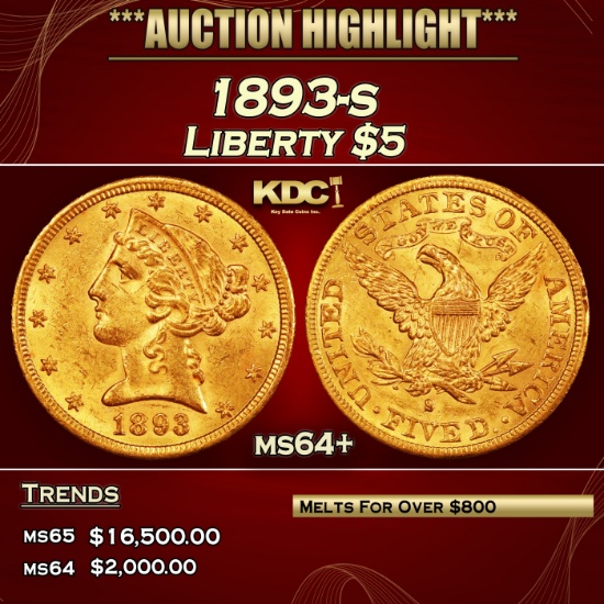 1893-s Gold Liberty Half Eagle $5 ms64+ SEGS