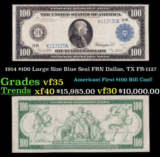 1914 $100 Large Size Blue Seal FRN Dallas, TX Grades vf++ FR-1127