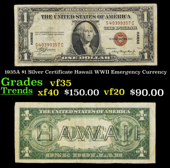 1935A $1 Silver Certificate Hawaii WWII Emergency Currency Grades vf++