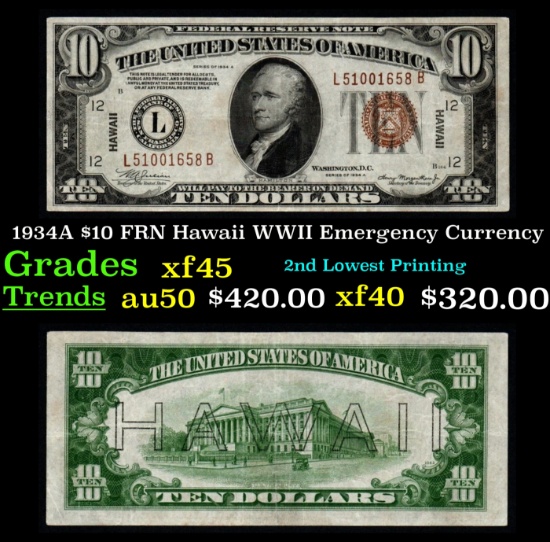 1934A $10 FRN Hawaii WWII Emergency Currency Grades xf+