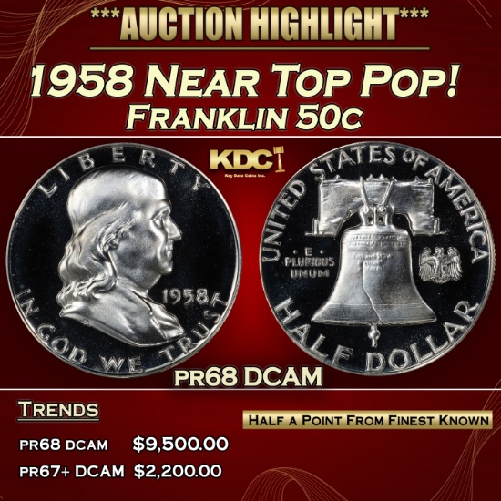 1958 Proof Franklin Half Dollar Near Top Pop! 50c pr68 DCAM SEGS