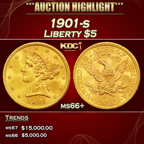 1901-s Gold Liberty Half Eagle $5 ms66+ SEGS