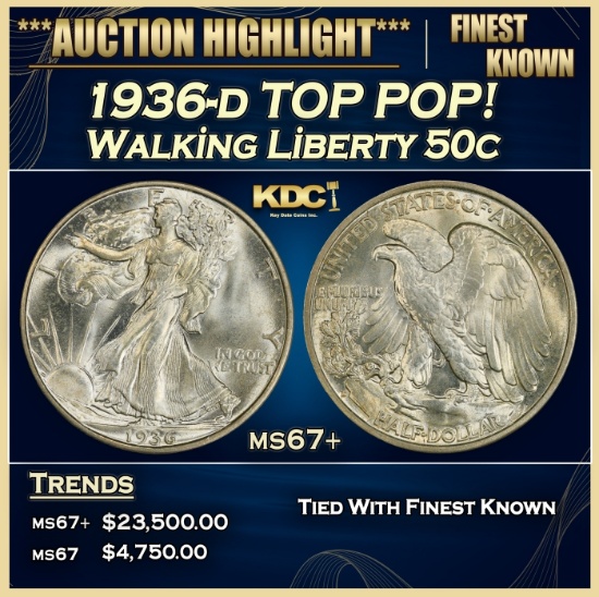 1936-d Walking Liberty Half Dollar TOP POP! 50c ms67+ SEGS
