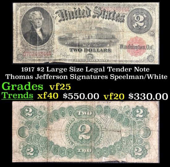 1917 $2 Large Size Legal Tender Note Thomas Jefferson Grades vf+ Signatures Speelman/White