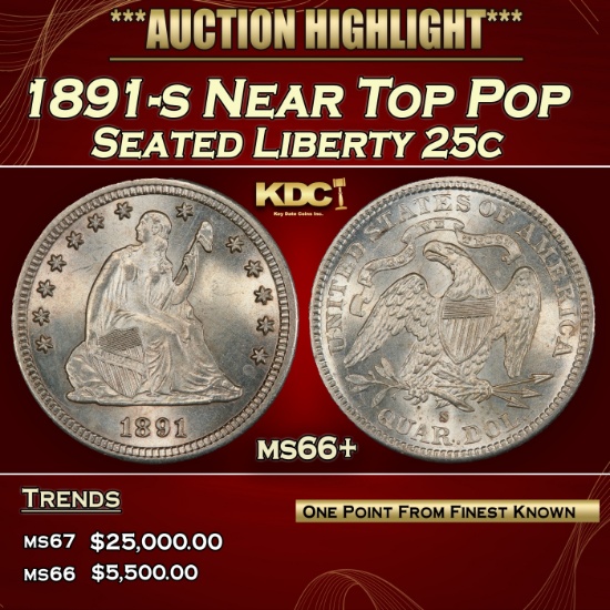 1891-s Seated Liberty Quarter Near Top Pop 25c ms66+ SEGS